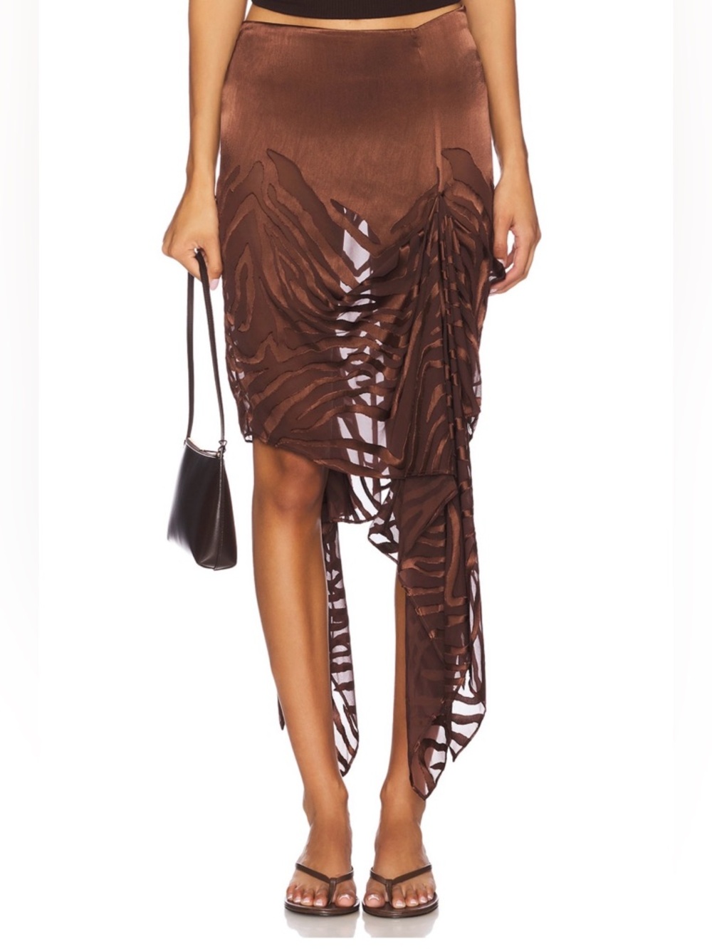 NBD Brown Asymmetrical Laser-Cut Draped Midi Skirt